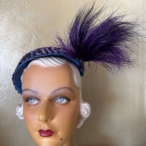 FASCINATING 1950s' COCTAIL HAT - PURPLE SEQUINS + FEATHERS